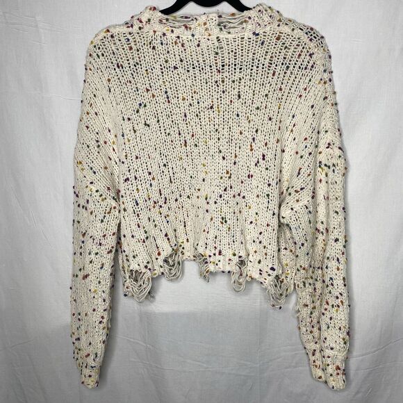 WILD HONEY Sweater Cropped Confetti Distressed Thrashed Grunge Womens S Cream - Picture 2 of 10